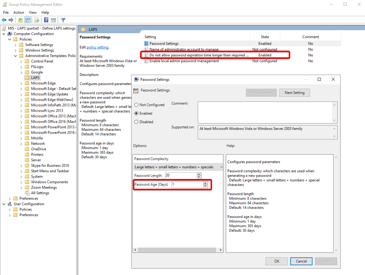 Image that shows partial LAPS settings in an Active Directory environment