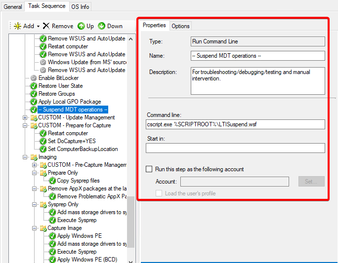 Image that shows a screenshot of an MDT Task Sequence that has a Run Command Line task to run LTISuspend.wsf