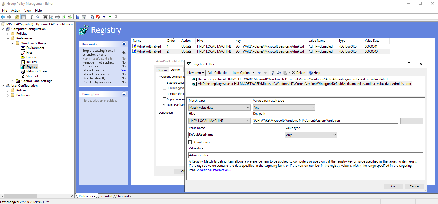 Image that shows the second Registry item's settings and its ILT configuration