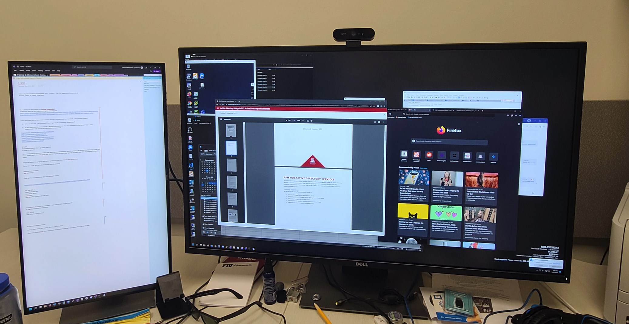 Image that shows a 43" Dell U4320Q 4k monitor and the rest of our assistant director's computing setup in MIS in 2022.