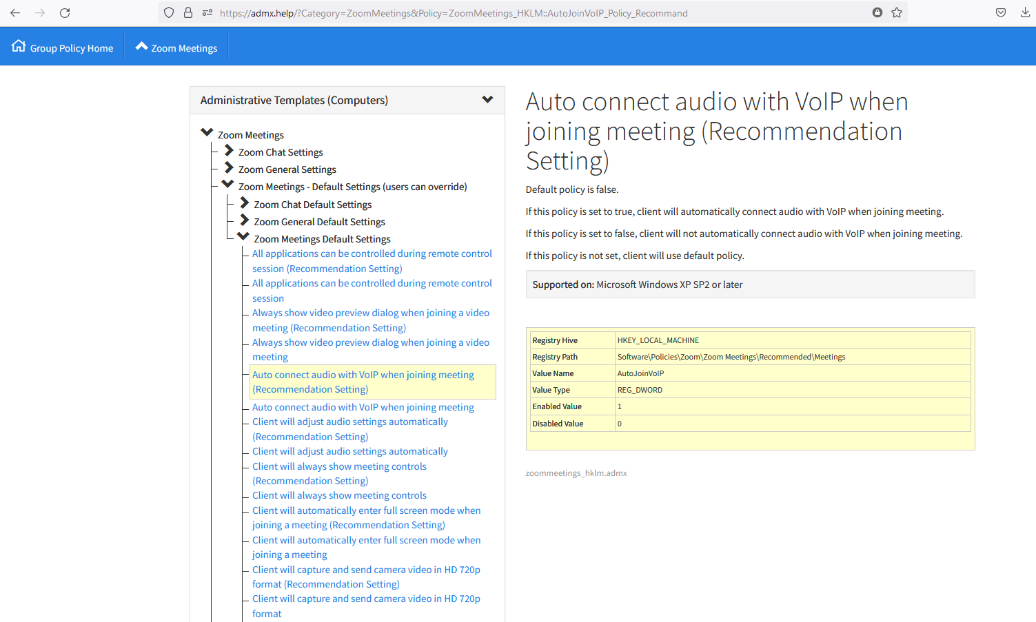 Image that shows admx.help's description of the "Auto connect audio with VoIP when joining meeting (Recommendation Setting)" entry
